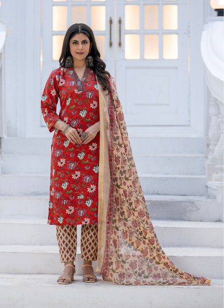 Red Colour Rayon Print With Thread Work Kurti With Pant Dupatta Aaradhna 2028 Wholesale Price In Surat
